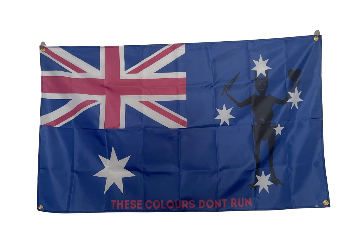 Flag with a silhouette of a person and text on a white background, these colours dont run 