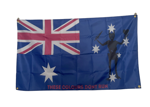 Flag with a silhouette of a person and text on a white background, these colours dont run 