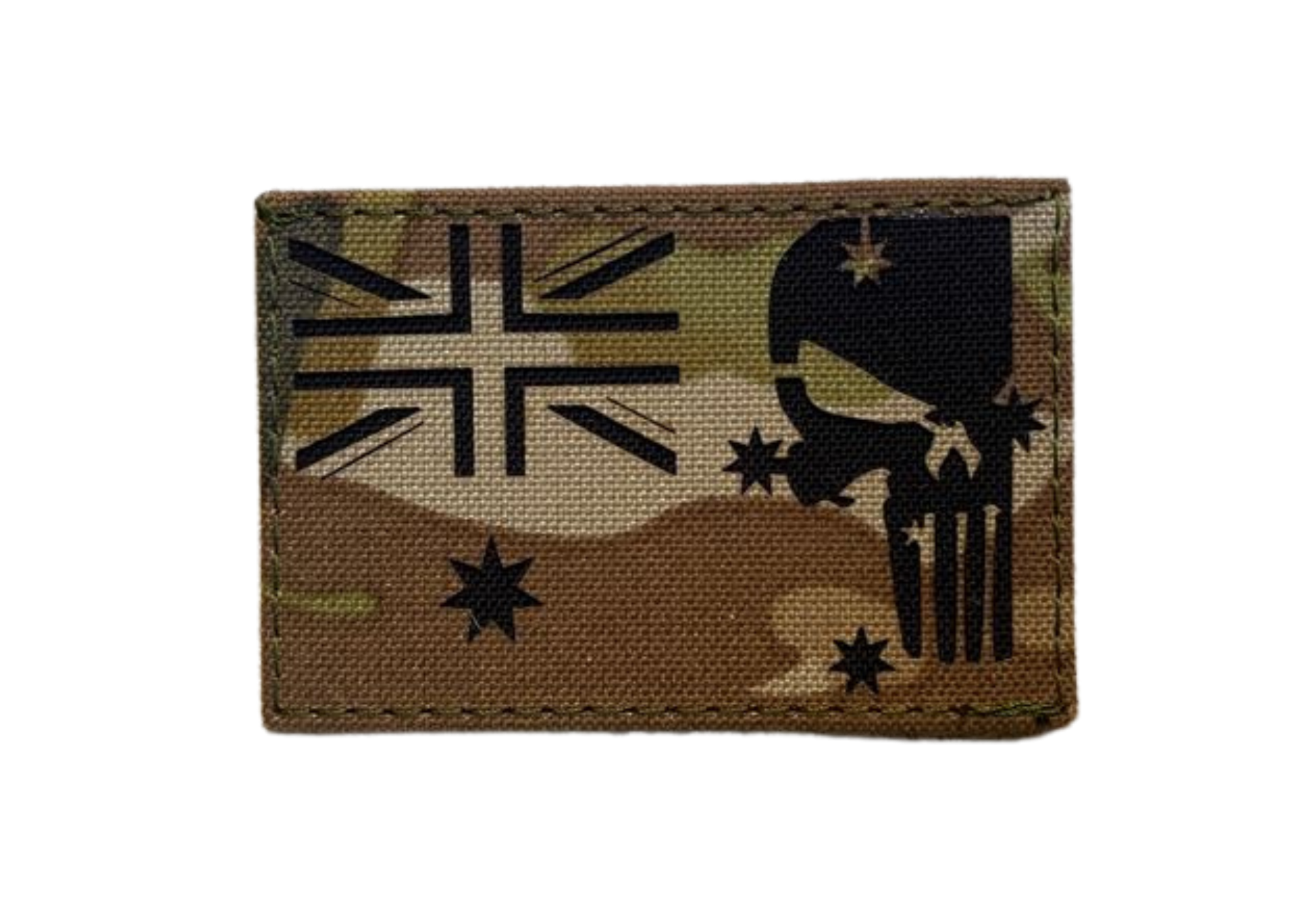 Multicam patch with black silhouette design on a white background