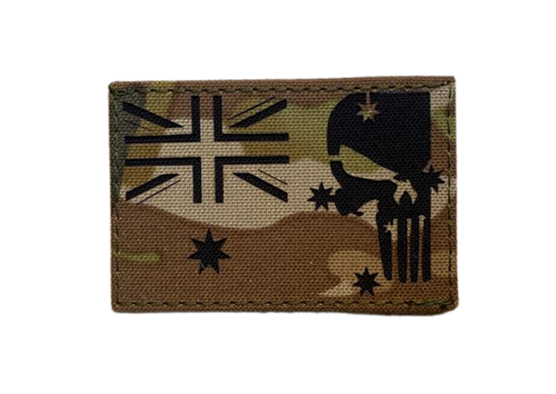Multicam patch with black silhouette design on a white background